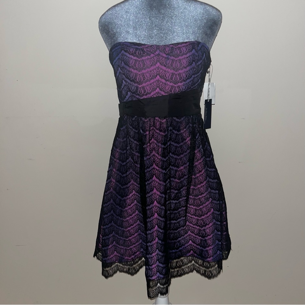 NWT Y2K Strapless Purple Satin Dress with Black Lace Overlay